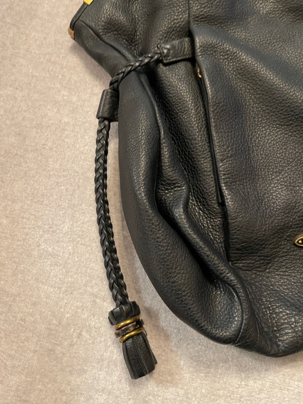 Elliott Lucca Black Pebbled Leather Slouchy Hobo Bag Braided Tassel Boho - Picture 3 of 16